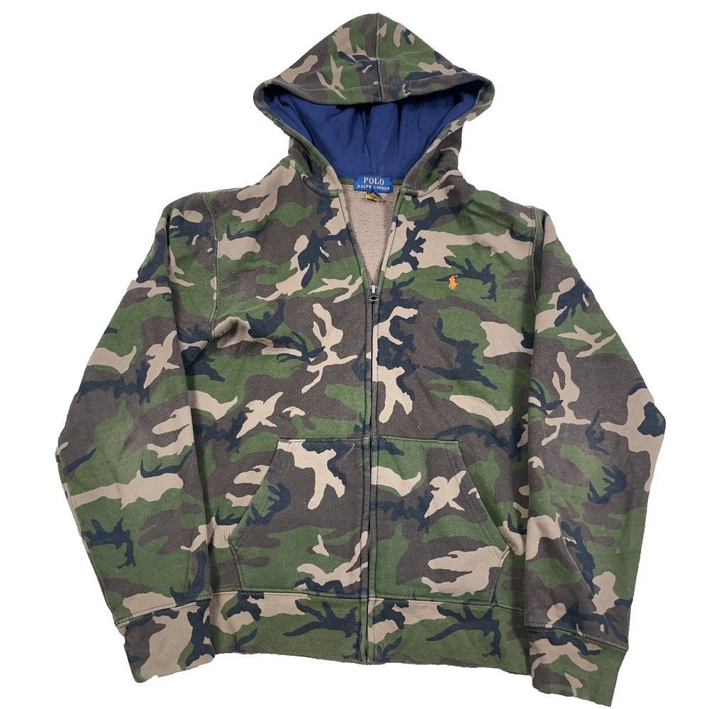 Polo Ralph Lauren Hoodie Boys XL Green Camo Full Zip Jacket Youth Army Military